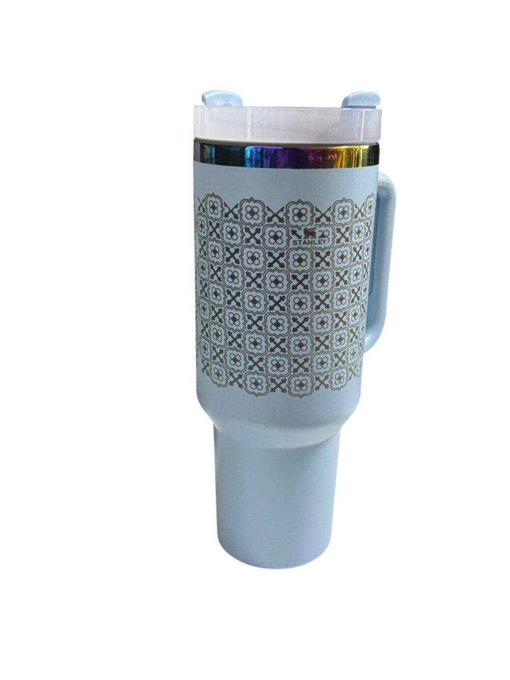 Stanley Engraved Tumbler with Handle, Light Blue Floral Pattern